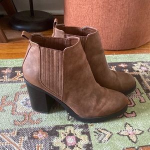 Tan block heel ankle boots
